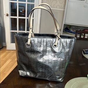 Michael Kors Metallic Silver Tote with Tan Handles